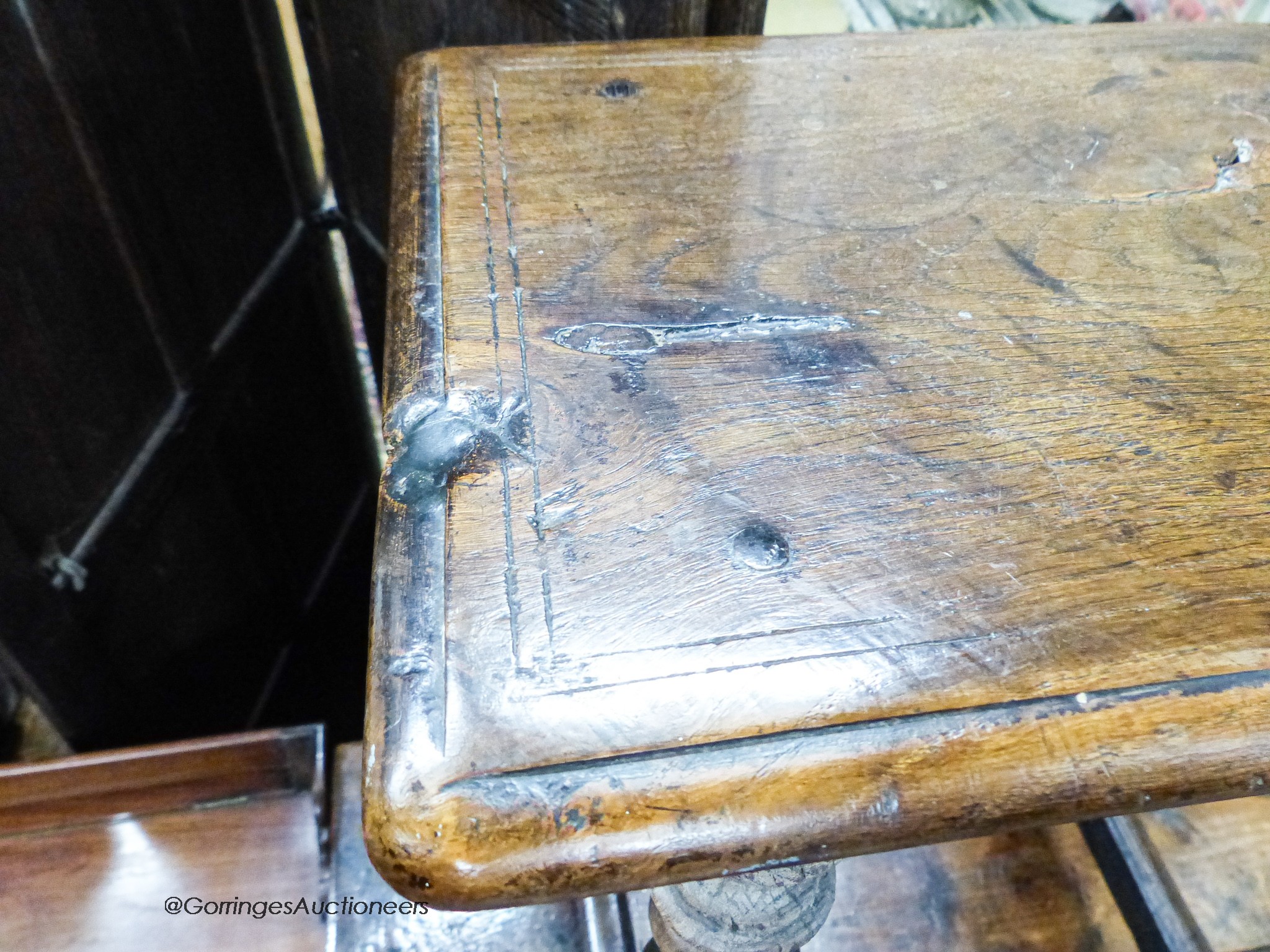 A Victorian 17th century style oak stool, length 46cm, depth 28cm, height 56cm